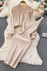 Set Elegant Pearl O-neck Knitted Sweaters + Strap Dress Two Piece Suits